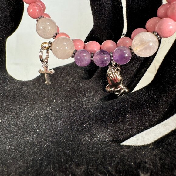 Handmade Gemstone Rosary Wrap Beaded Bracelet With Cross & Praying Hands - Picture 2 of 4